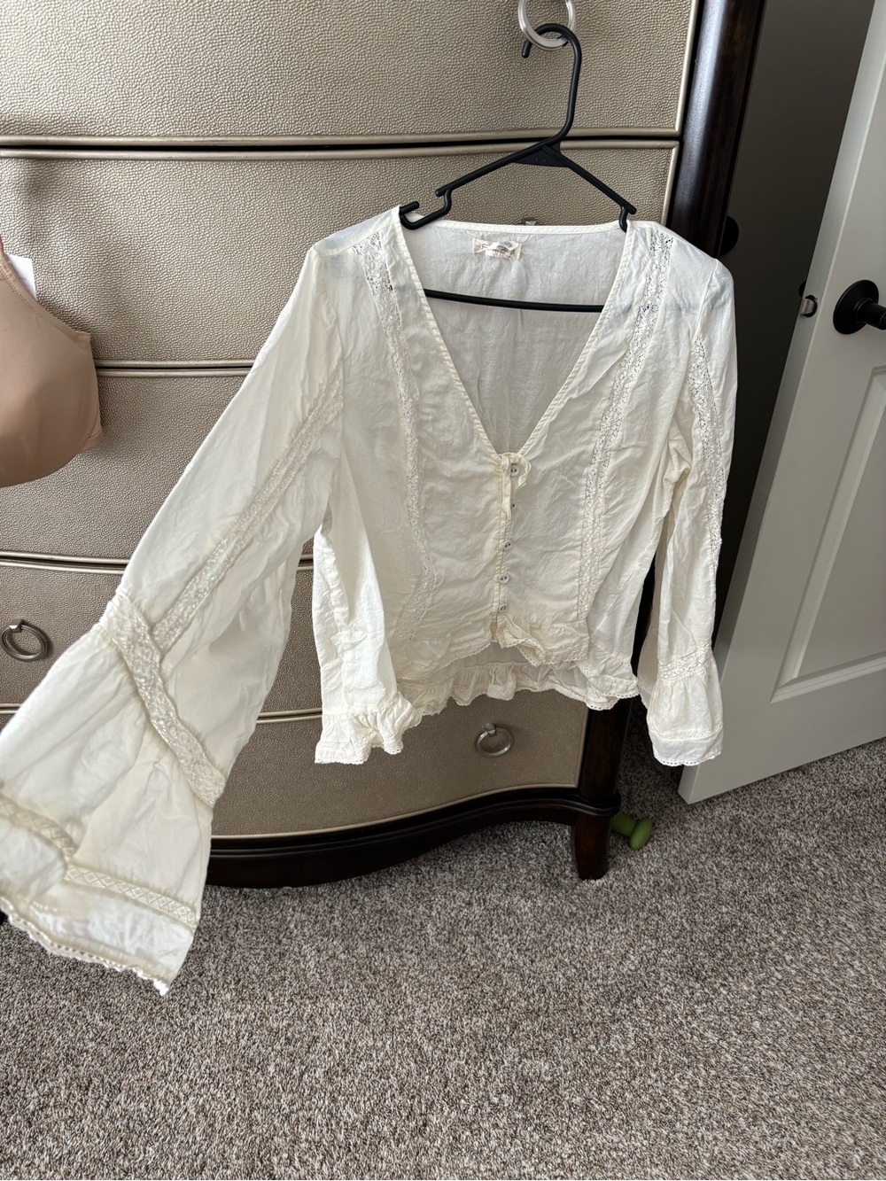 Boho Lace-Trim White Button Front Blouse